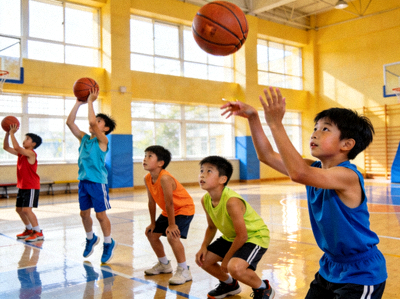 青少年参加篮球培训课程，专注练习投篮技巧